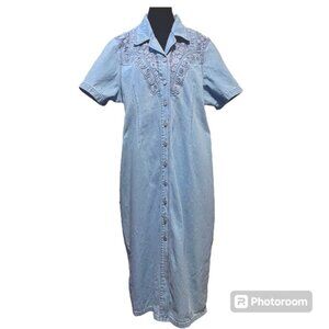 Plus Size Denim Dress Coastal Cowgirl Country Embroidered Blue Jean Button Sz 3X